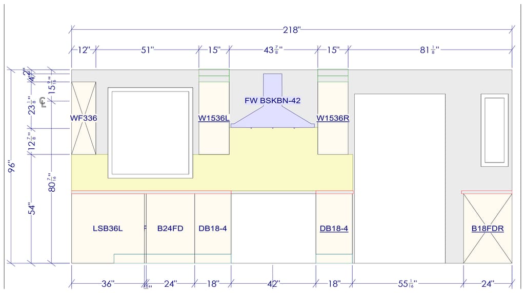 Elevation drawing of the range wall with cabinet sizes and dimensions, a window, the hood and a doorway
