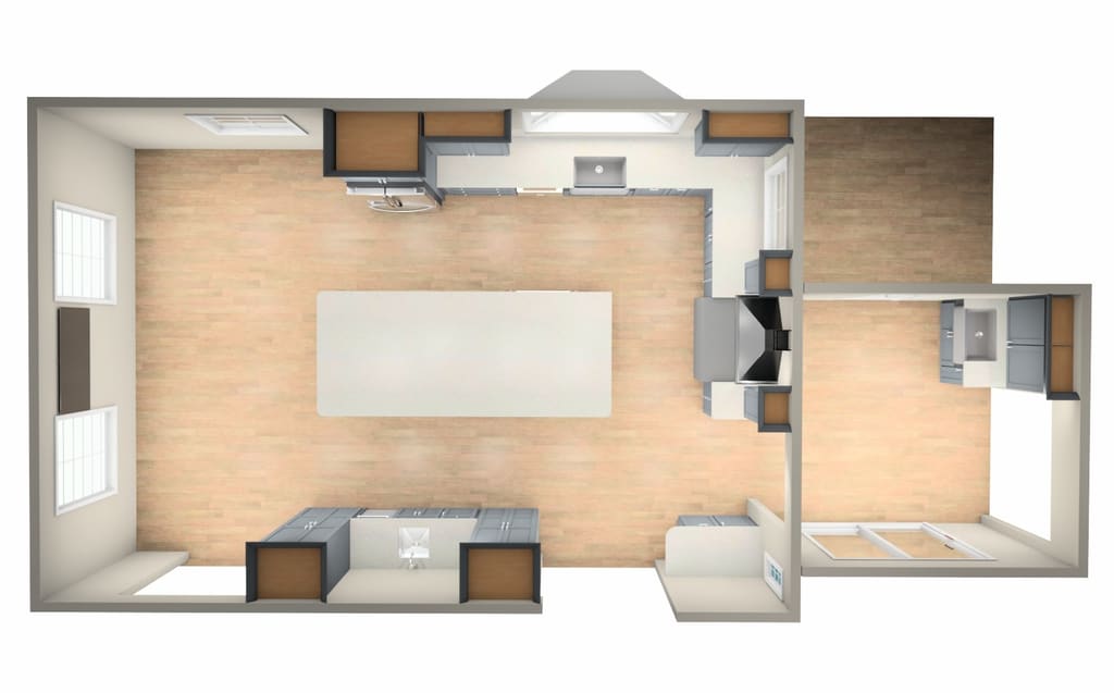 Top-down 3D floor plan of an open kitchen with a large center island, an L-shaped run of gray cabinets and a separate laundry nook
