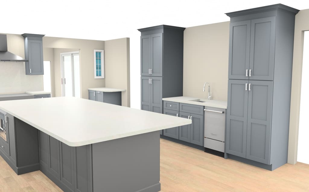 3D rendering of a beverage wall with two tall gray pantry cabinets, a bar sink and an ice maker