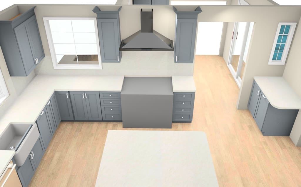 3D rendering of the same range wall with gray shaker cabinets, a stainless chimney hood and white quartz counters